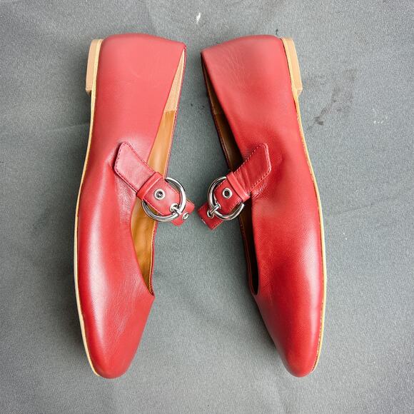 Reformation Bethany Red Leather Ballet Flats Silver Buckle 8 - Picture 5 of 6